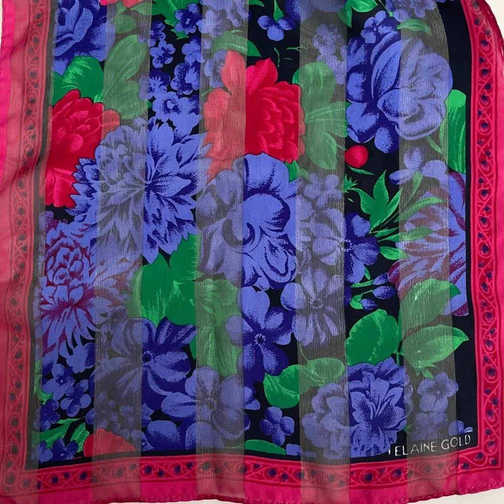 Vintage Elaine Gold Silk Scarf Floral Womens Blue Pink Green Sheer Striped Retro